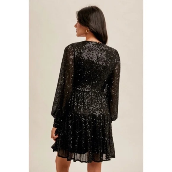 Black Metallic Sparkling Sequin Long Sleeve Tiered Holiday Cocktail Dress - Picture 5 of 5
